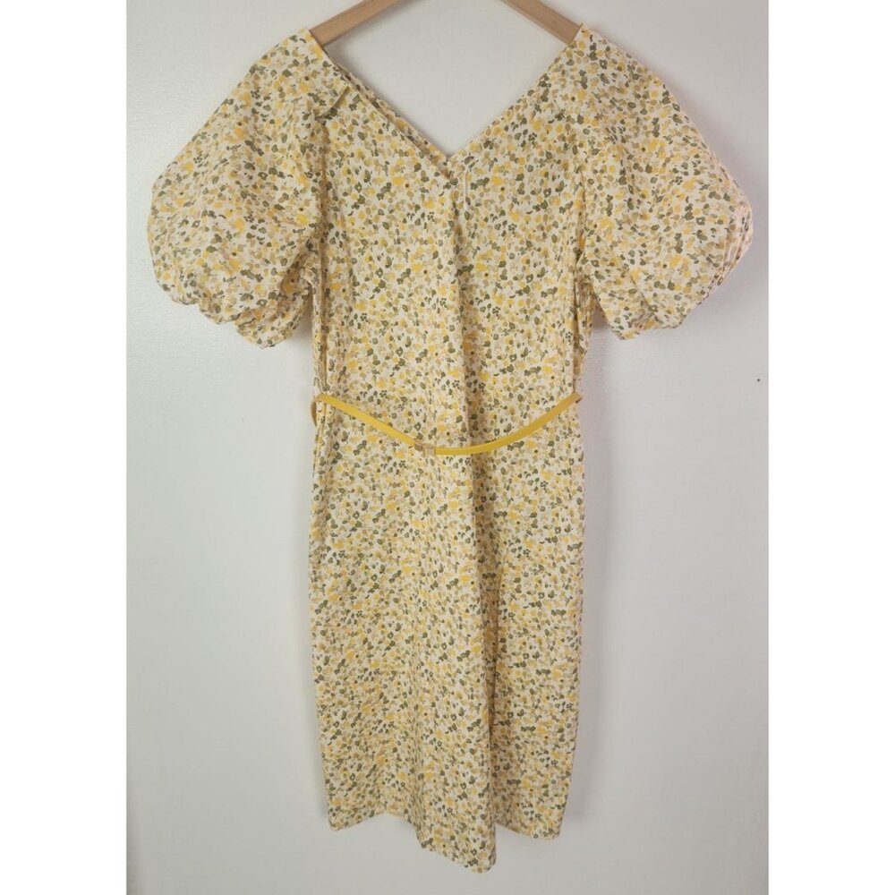 GOELIA Women's Sz. 8 Yellow Floral Puff Sleeve Belted Dress